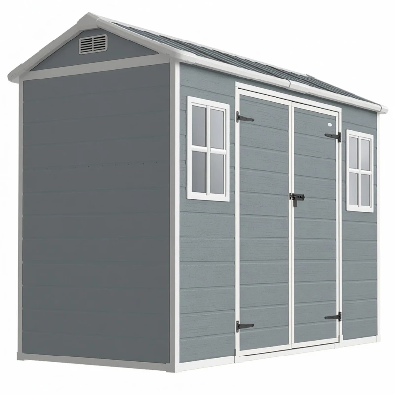 Outsunny 8 x 4 ft Plastic Garden Shed, Wood-Effect Outdoor Storage Shed with Floor, Windows, Lockable Doors and Vents, Light Grey