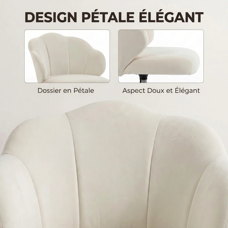 HOMCOM Chaise Bureau en Velours, Chaise Coiffeuse avec Dossier en Pétale, Hauteur Réglable, Fonction Bascule, Crème