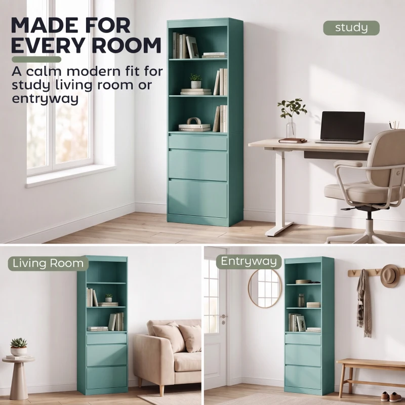 HOMCOM Bookcase with Drawers Adjustable Shelves Book Shelf for Study Living Room Light Green