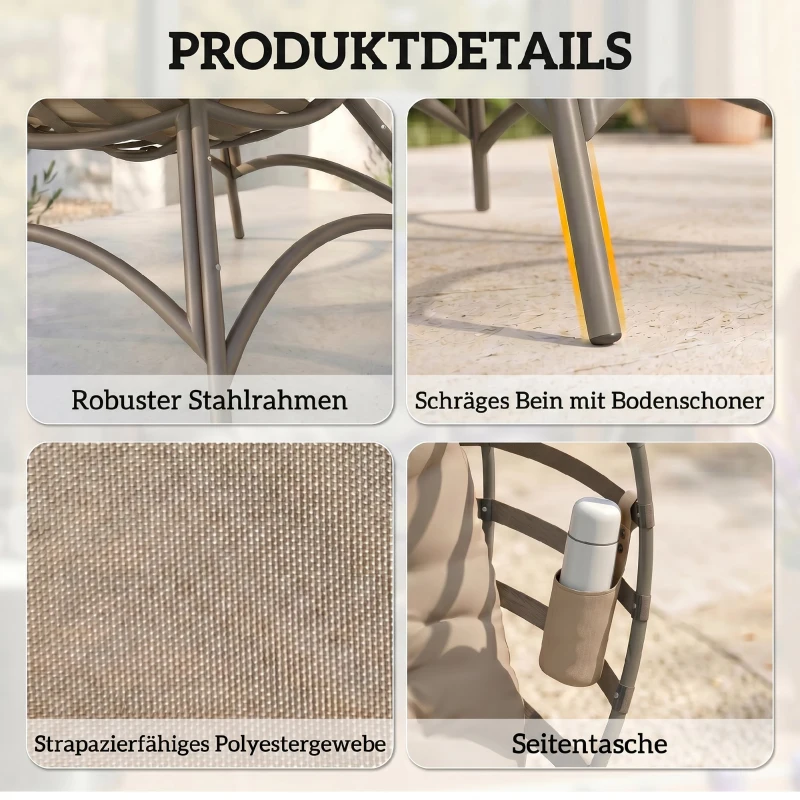 Outsunny Papasansessel Gartenstuhl 2Korb-Stuhl mit Kissen oval Loungesessel Korb faltbar Balkon Terrasse Outdoor/Indoor Sandbraun Stahl 118 x 75 x 139 cm