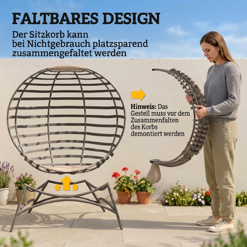 Outsunny Papasansessel Gartenstuhl 2Korb-Stuhl mit Kissen oval Loungesessel Korb faltbar Balkon Terrasse Outdoor/Indoor Sandbraun Stahl 118 x 75 x 139 cm