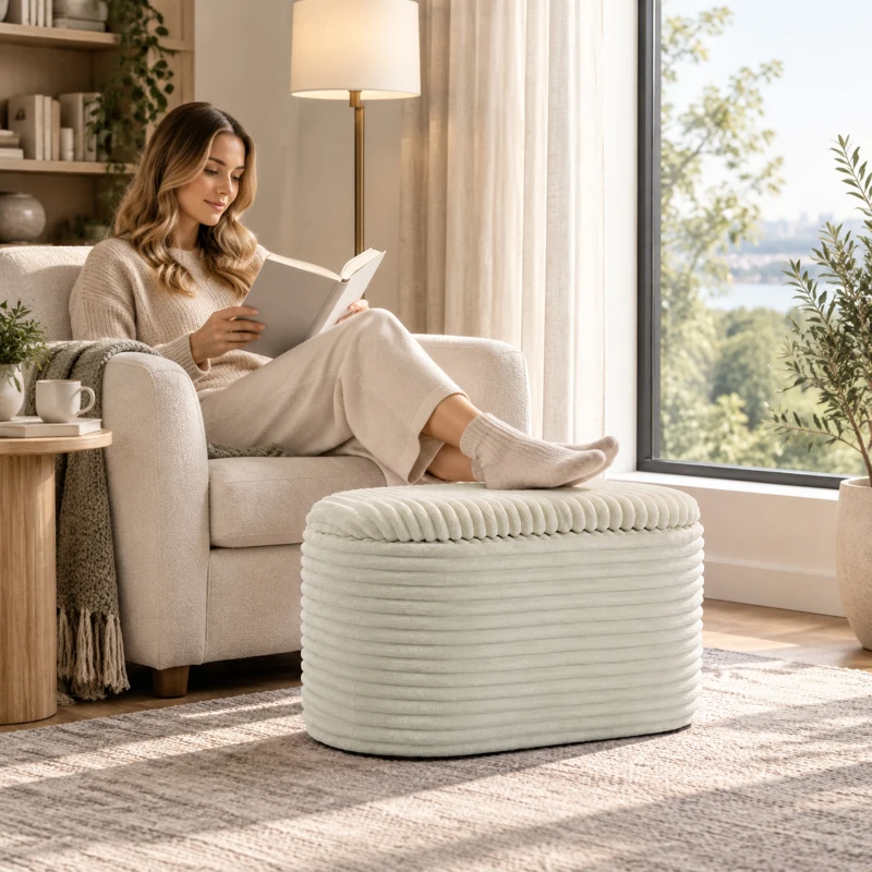 HOMCOM 3-teiliges Stauraum-Pouf-Set aus Rippensamt für Wohnzimmer und Schlafzimmer, Creme