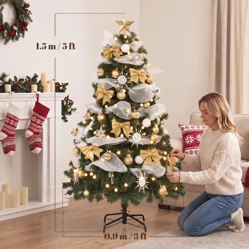 HOMCOM 5ft Pre-Lit Christmas Tree with 150 LED Lights, Artificial Xmas Tree with 8 Lighting Modes, 450 Tips, Remote, Green