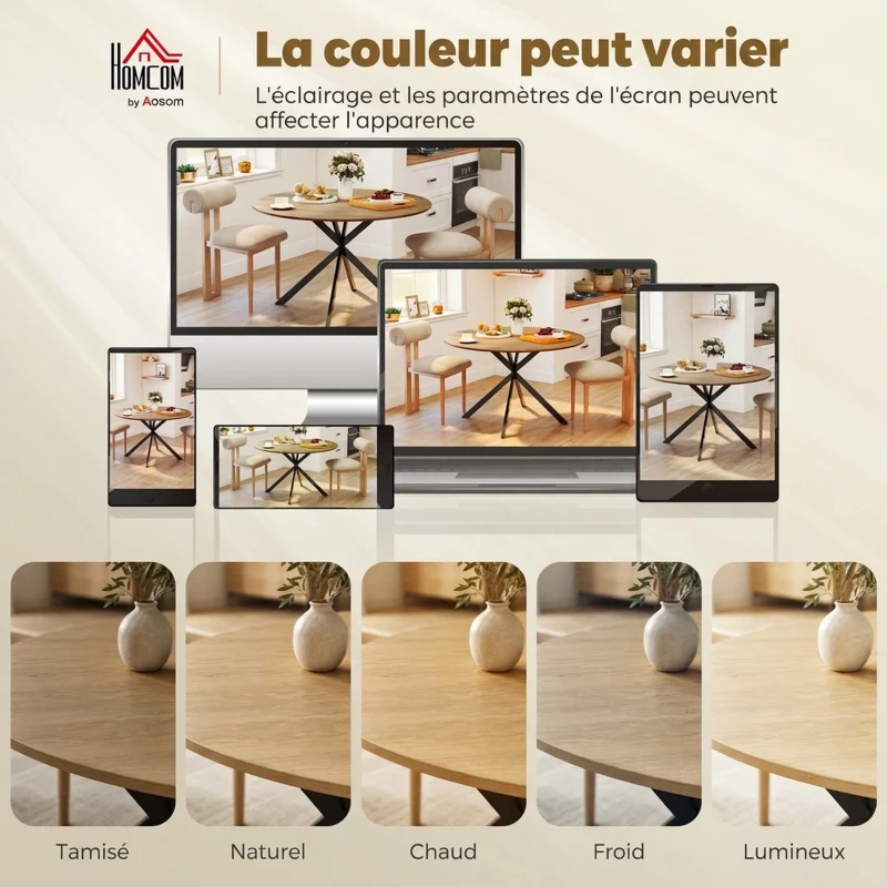 HOMCOM Table à manger ronde pour 4 personnes 120 cm style industriel avec plateau aspect bois, piètement croisé en acier, chêne