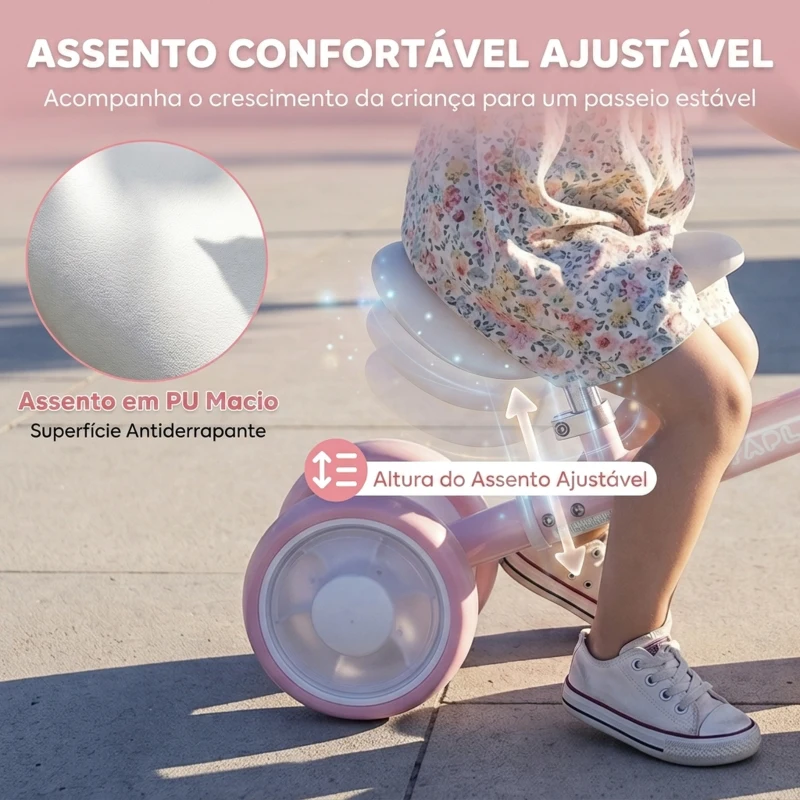 AIYAPLAY Bicicleta sem Pedais com Limite de Direção de 135°, Assento Ajustável, 4 Rodas EVA com Luzes, para Crianças de 1 a 2 Anos, Cor-de-Rosa