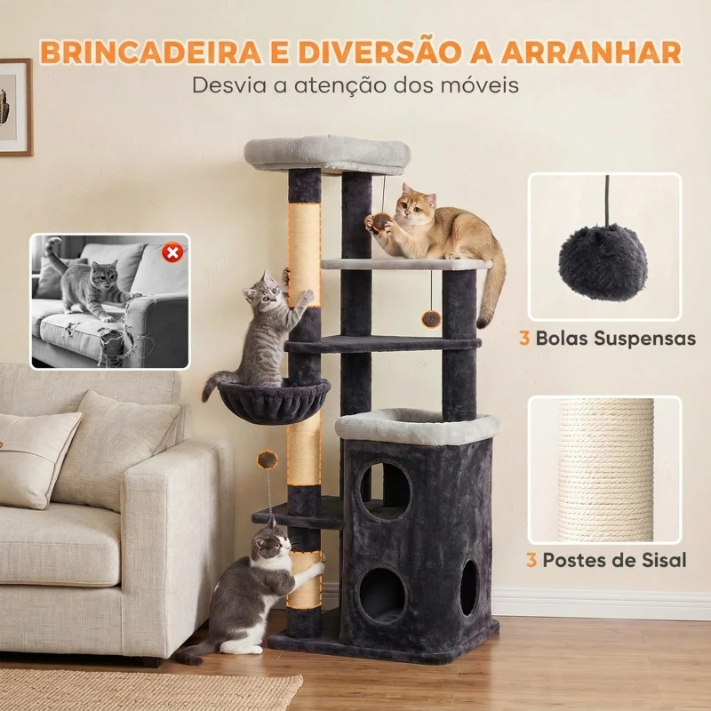 PawHut Árvore Arranhadora para Gatos 148 cm com Casota de 2 Níveis Camas Rede Postes em Sisal e Bolas Suspensas