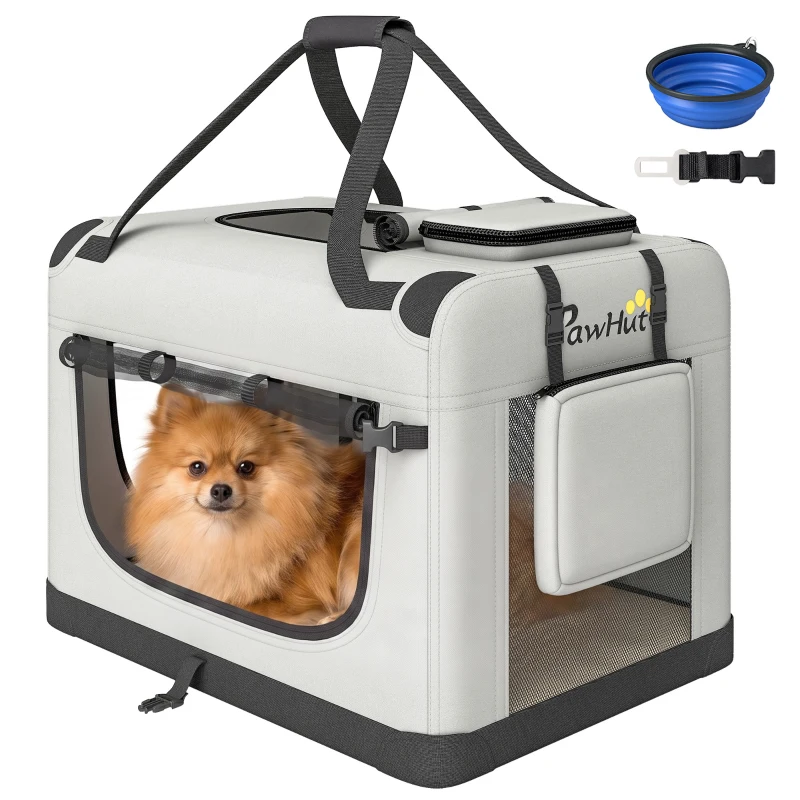 PawHut Transportadora Dobrável para Cão Pequeno e Gato para Carro, Cinzento Claro