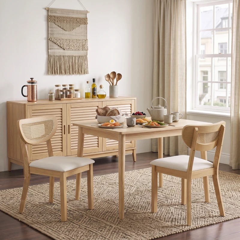 HOMCOM Lot de 2 Chaises de Salle à Manger, Chaises de Cuisine Rembourrées en Lin, Dossier à Effet Rotin et Pieds d'Hévéa, Beige