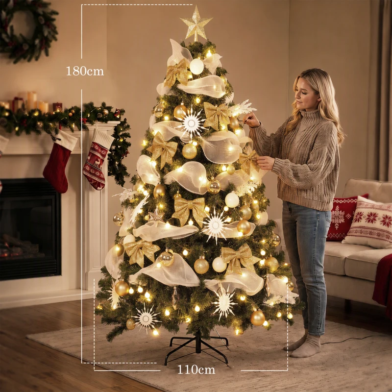 HOMCOM Árbol de Navidad 180 cm con 200 LED 800 Ramas 8 Modos Bolas Cintas y Lazos Mando a Distancia y Base Plegable Verde