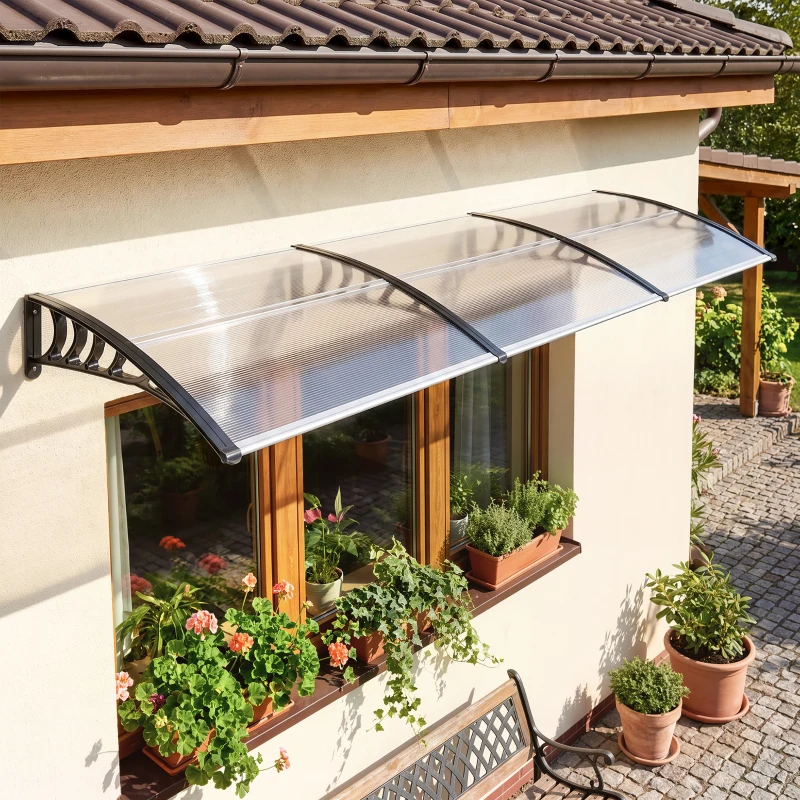 Outsunny Marquesinas Exterior para Puertas y Ventanas, 295x90 cm, Tejadillo de Protección contra Sol y Lluvia, con Cubierta de Policarbonato, Soporte de Aleación de Aluminio, Transparente