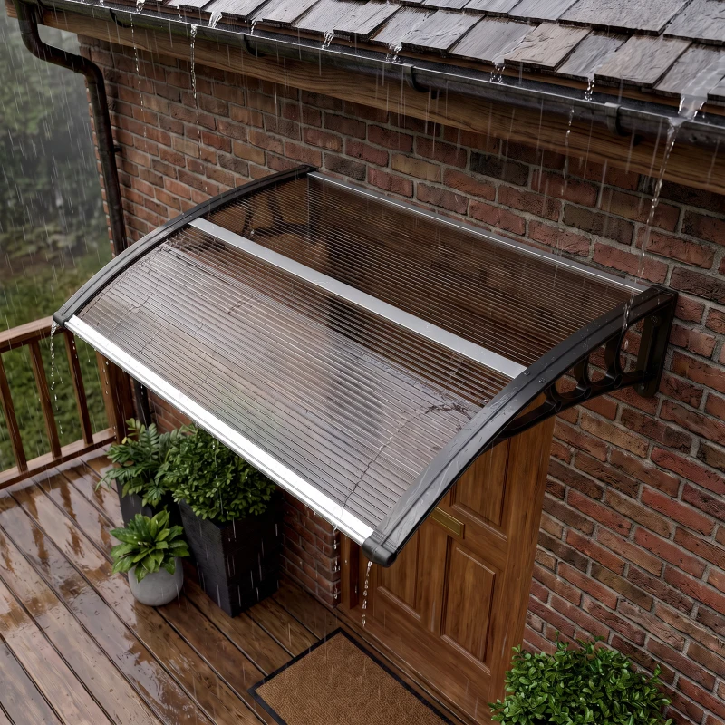 Outsunny Front Door Canopy Outdoor Awning Aluminium Rigid Plastic Polycarbonate Rain Shelter UV Water Rain Resistant 100 x 75cm Brown