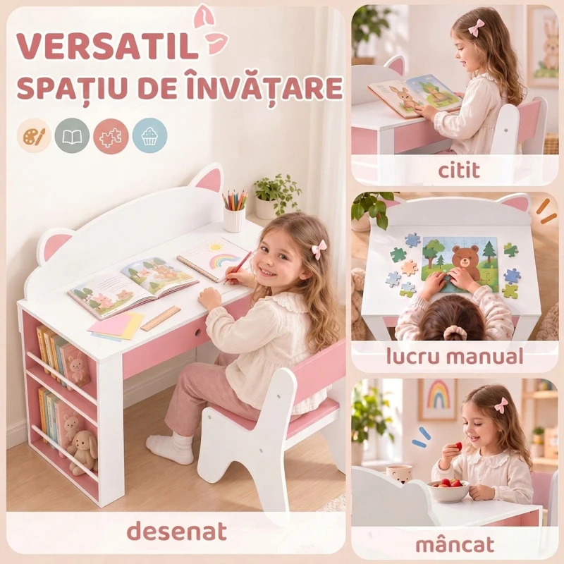 AIYAPLAY Set masă și scaun pentru copii, 3-8 ani, cu bibliotecă laterală, sertar și design vulpiță, alb