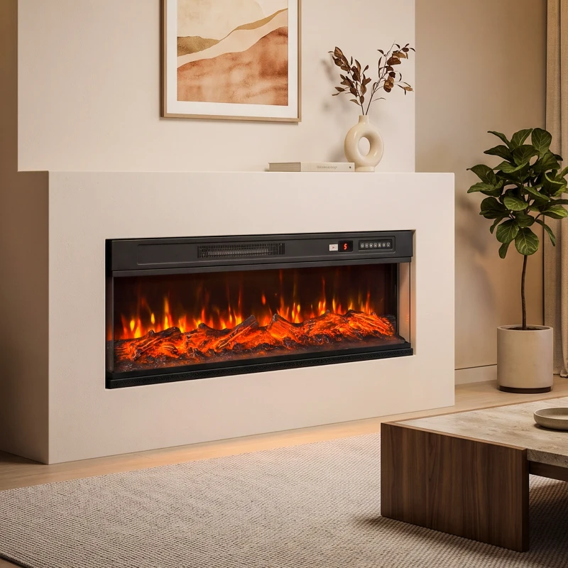 HOMCOM Șemineu electric de podea/încastrabil, 3 laturi, cu telecomandă, 750/1500W, efect flacără 3D, 12 culori, 5 niveluri de luminozitate