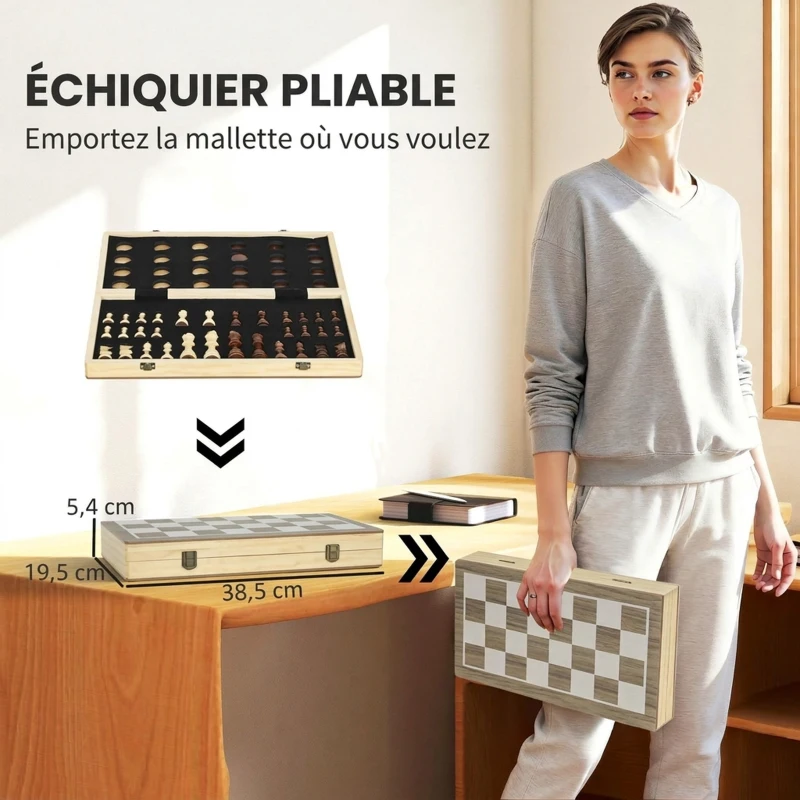 SPORTNOW Jeu d'Échecs 2 en 1 Échecs Dames, Pliable et Portable, Pièces en Bois de Pin, Rangement Intégré, 38,5x38,5x2,8cm, Marron