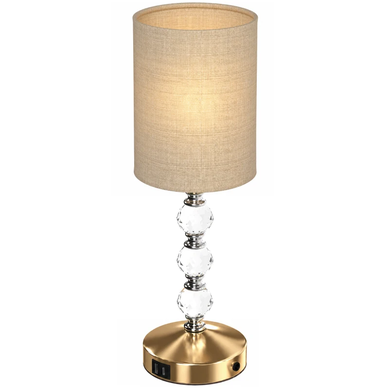HOMCOM Bedside Lamp, Modern Crystal Decoration Table Lamp with PVC shade, USB A+C Charging Ports, Bulb Not Included, Gold Tone