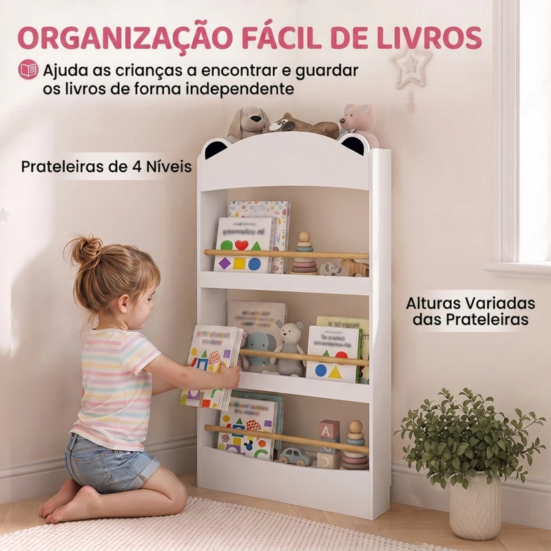 AIYAPLAY Estante Infantil para Livros de 4 Níveis, Montagem na Parede, para Quarto, Cantinho de Leitura e Sala de Brincar, Branco