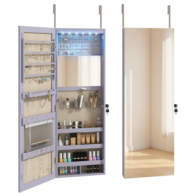 HOMCOM Espelho para Joias de Parede com Luzes LED, Espelho Interior Rebatível e Fechadura, para Parede ou Porta, Roxo
