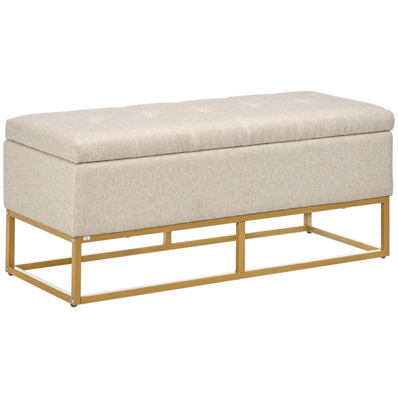 HOMCOM Banc banquette coffre de rangement 2 en 1 assise capitonnée et pieds acier 110 x 44 x 48 cm beige et doré