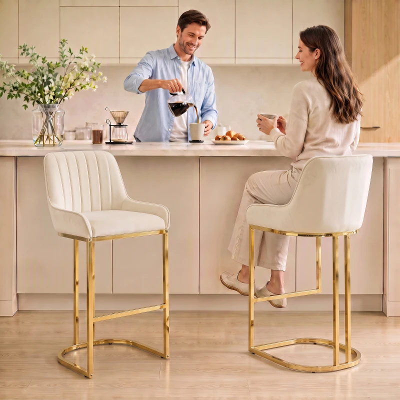 HOMCOM Bar Stools Set of 2 with Backrest, Footrest, Gold Electroplated Legs for Kitchen Island, Dining Room, Cream White