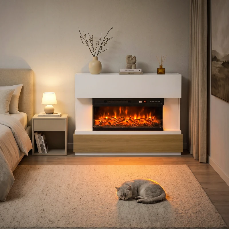 HOMCOM Elektrokamin mit Heizung 3-Seitiges Panoramafenster 1800W TV-Board 55 Zoll Weiß