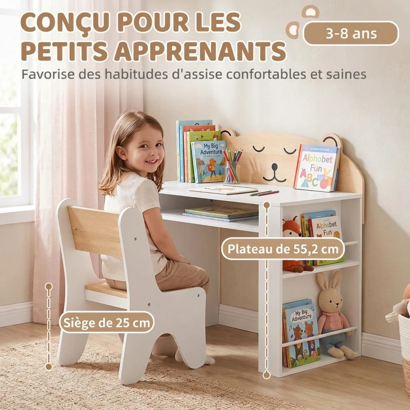 AIYAPLAY Bureau et Chaise pour Enfant 2 Pièces, Ensemble Table d'Activité avec Bibliothèque pour Dessin, Lecture et Jeux, Blanc