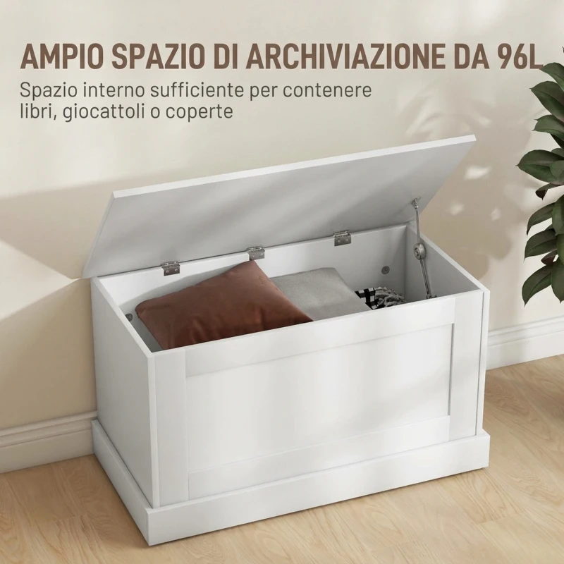 HOMCOM Cassapanca Contenitore da Interno 96L con Cerniere di Sicurezza, Baule Contenitore per Soggiorno e Ingresso, 80x40x45 cm, Bianco Effetto Legno