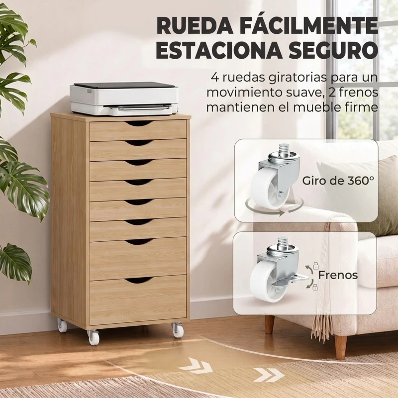 HOMCOM Cajonera Escritorio con 8 Cajones Ruedas Cajonera de Oficina Soporte para Impresora Roble
