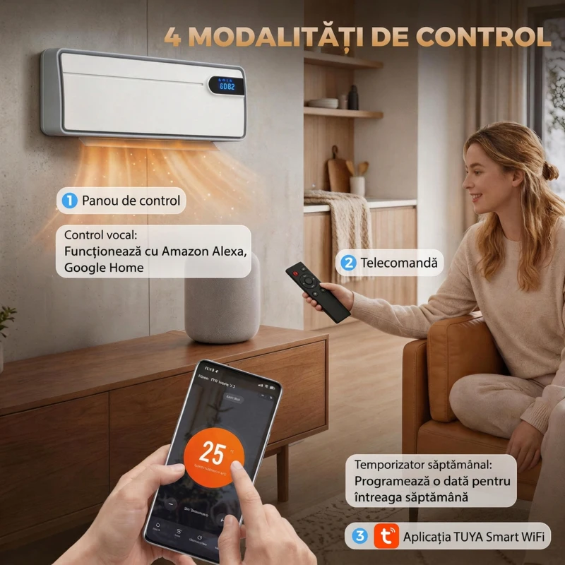 HOMCOM Aerotermă de perete ceramică 2000W cu telecomandă și WiFi, alb