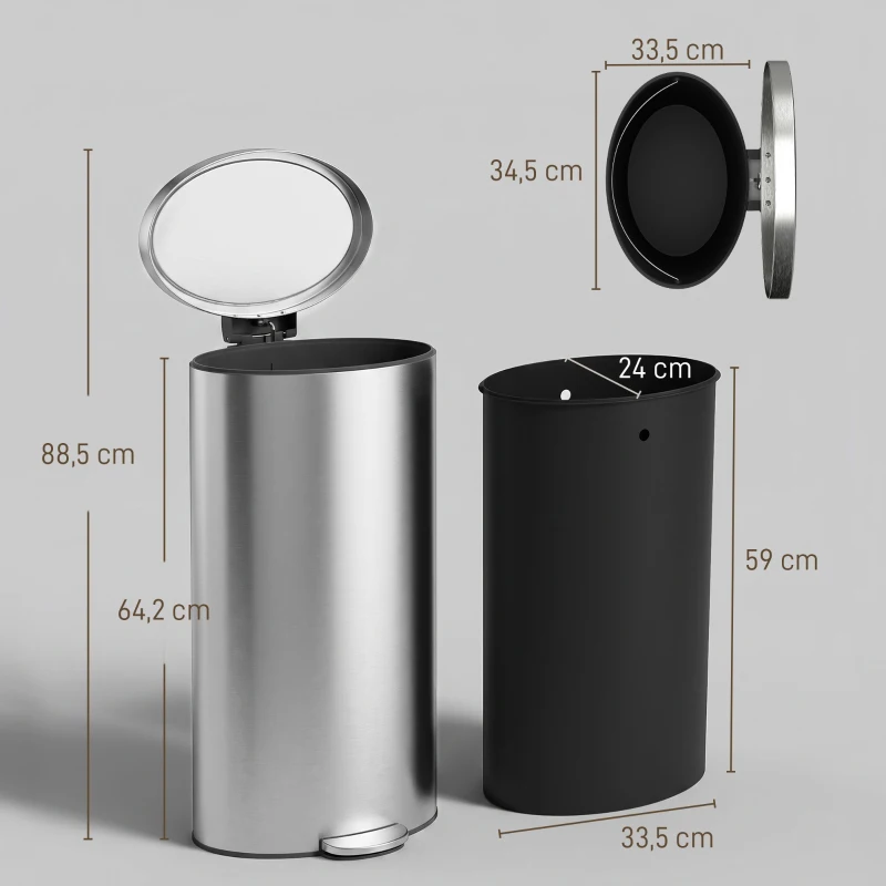 HOMCOM Pedaalemmer met soft-close deksel en uitneembare binnenemmer, 30L, zilver