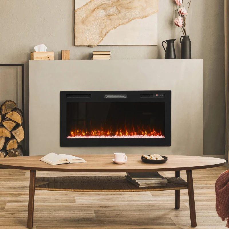 HOMCOM Șemineu electric 102 cm, încastrabil/perete/podea, 900/1800W, telecomandă, timer, negru