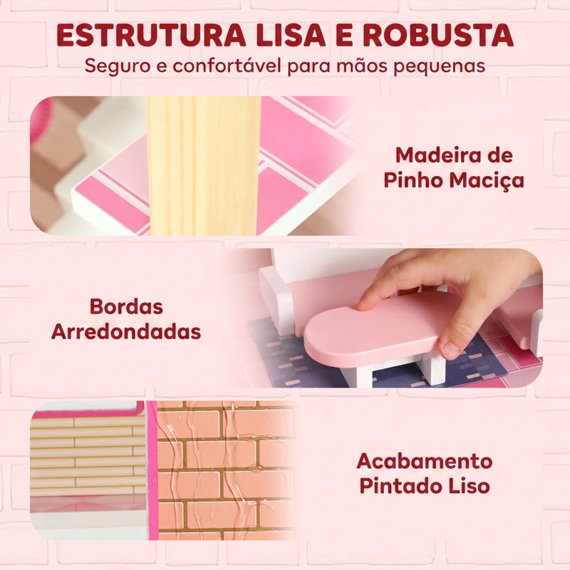 AIYAPLAY Casa de Bonecas de Madeira com 3 Andares, Varanda, Escadas e 10 Móveis, Brinquedo de Faz de Conta para Crianças 3-6 Anos, Rosa