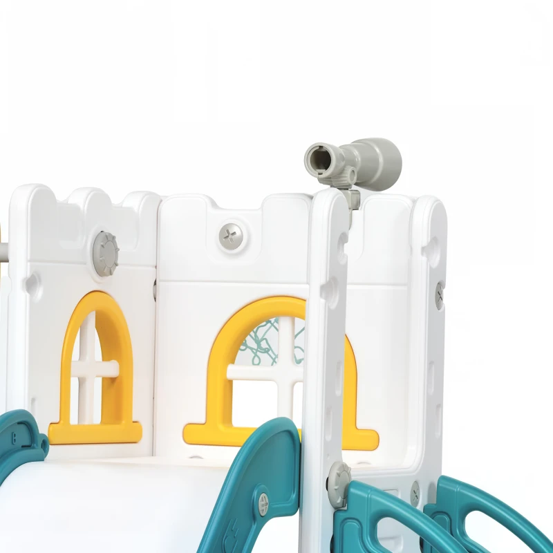 AIYAPLAY 6-in-1 Swing and Slide Set, Kids Playground with Basketball Hoop, Telescope, Storage Space - Yellow