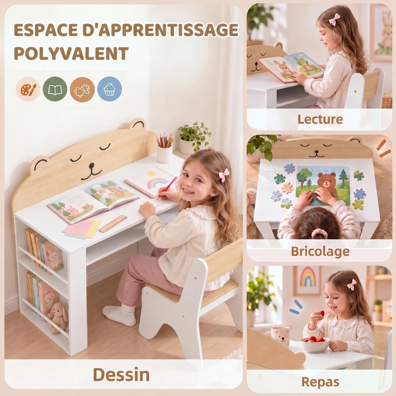 AIYAPLAY Bureau et Chaise pour Enfant 2 Pièces, Ensemble Table d'Activité avec Bibliothèque pour Dessin, Lecture et Jeux, Blanc