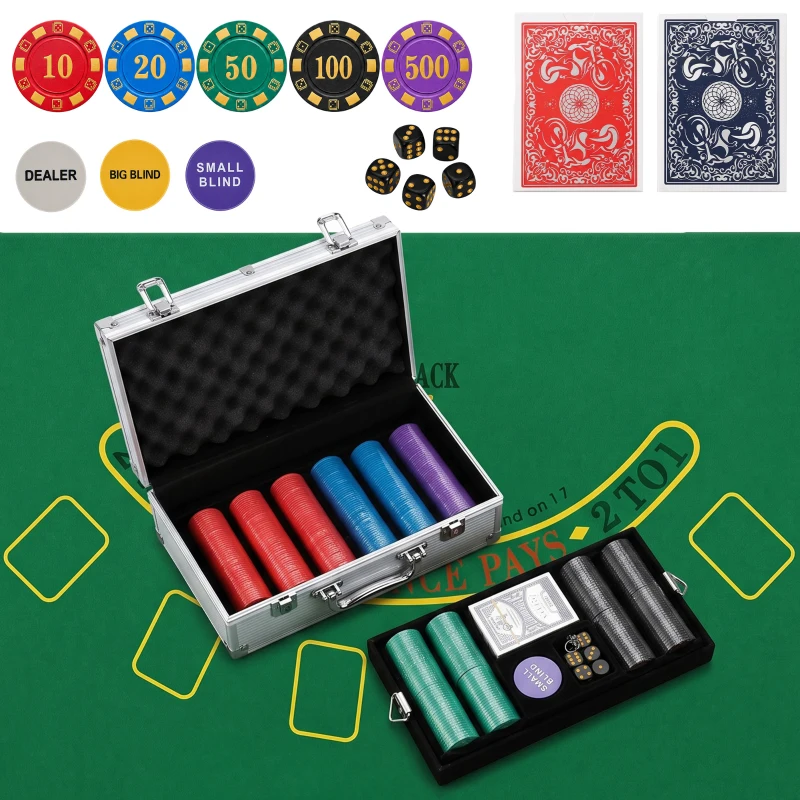 SPORTNOW Mallette de Poker 500 Jetons 5 Valeurs, 2 Jeux de Cartes, Tapis de Jeu, Bouton Dealer, Blind, Alu, 31x17x11,5cm, Argenté