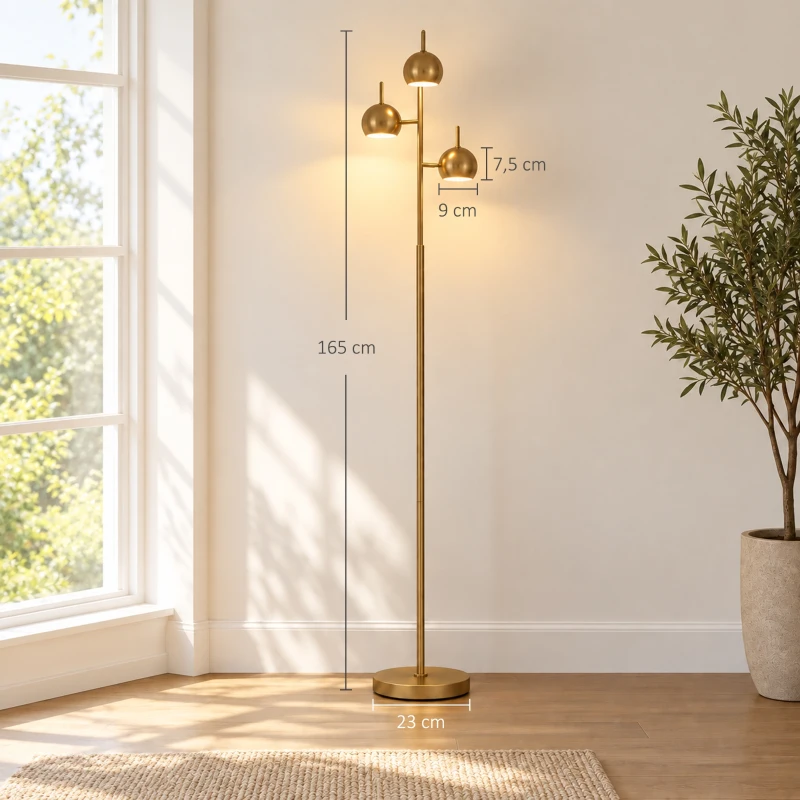 HOMCOM 350° verstelbare vloerlamp voor woonkamer en kantoor, staande lamp met 3 stalen kappen, goudkleurig