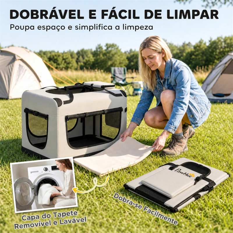 PawHut Transportadora Dobrável para Cães e Gatos 70x52x50 cm com Correia para Carro, Almofada Lavável, Taça Dobrável e 2 Bolsos, Cinzento-Claro