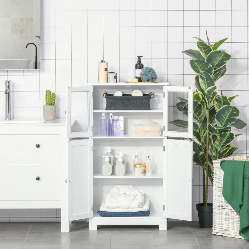 kleankin  Free Standing Bathroom Storage Cabinet, Floor Cupboard with Tempered Glass Doors and Adjustable Shelf, Living room Organizer, White