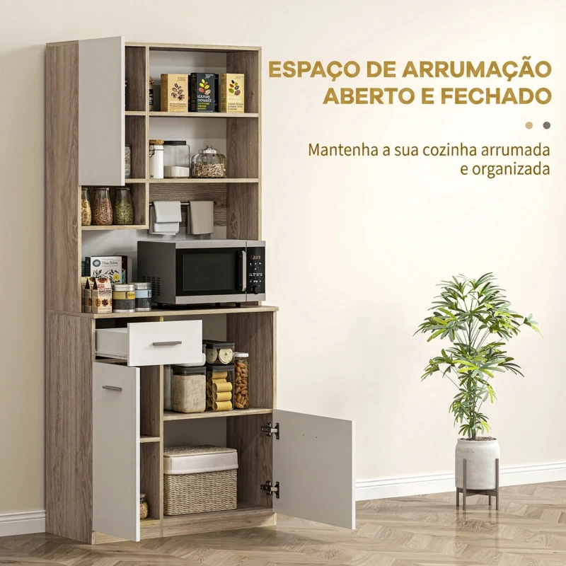 HOMCOM Armário de Cozinha Alto com 3 Portas, 9 Prateleiras, Gaveta e Prateleiras Ajustáveis, Estilo Moderno, 80x35x180 cm, Branco e Carvalho