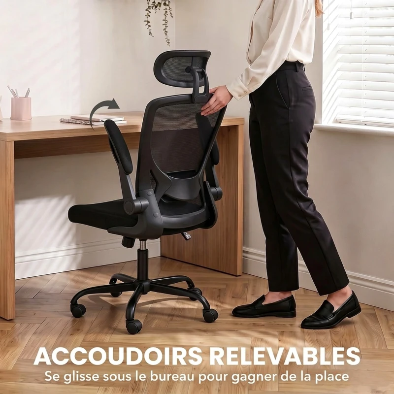 HOMCOM Chaise Bureau Ergonomique, Fauteuil de Bureau en Maille avec Soutien Lombaire et Appui-Tête Réglables, 64x65x129cm, Noir