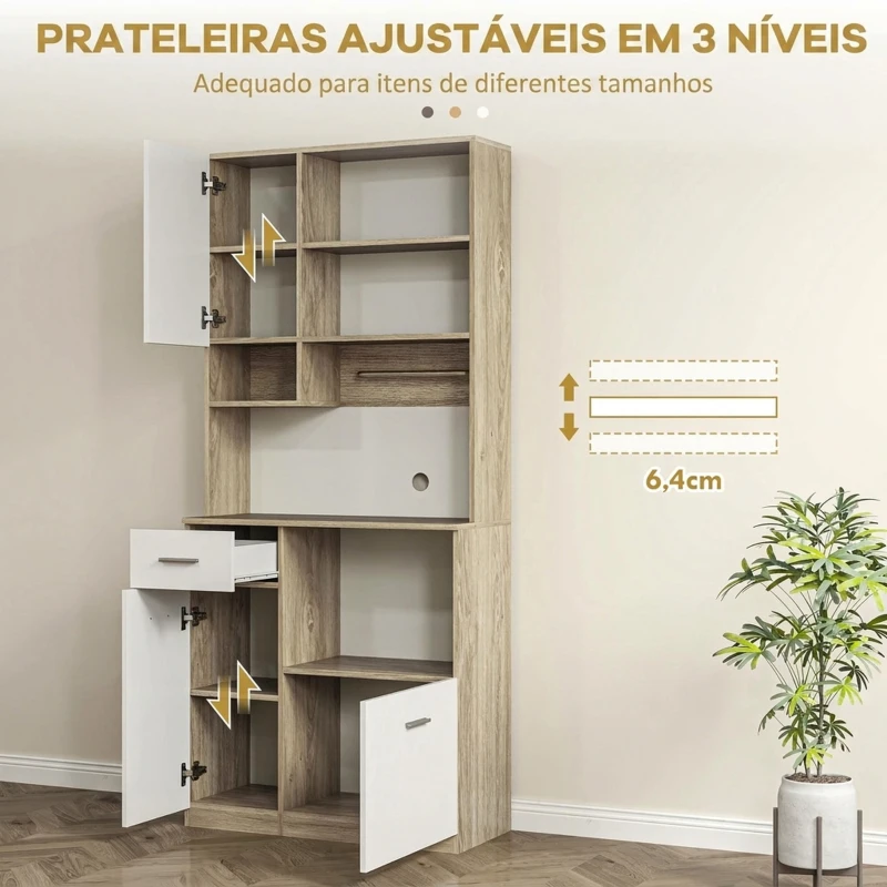 HOMCOM Armário de Cozinha Alto com 3 Portas, 9 Prateleiras, Gaveta e Prateleiras Ajustáveis, Estilo Moderno, 80x35x180 cm, Branco e Carvalho