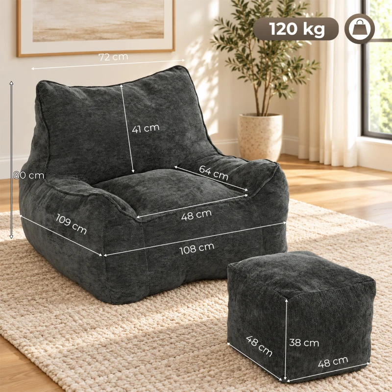 HOMCOM Vloerstoel met poef, frameloze cloud-fauteuil van chenille, met rugleuning en armleuningen