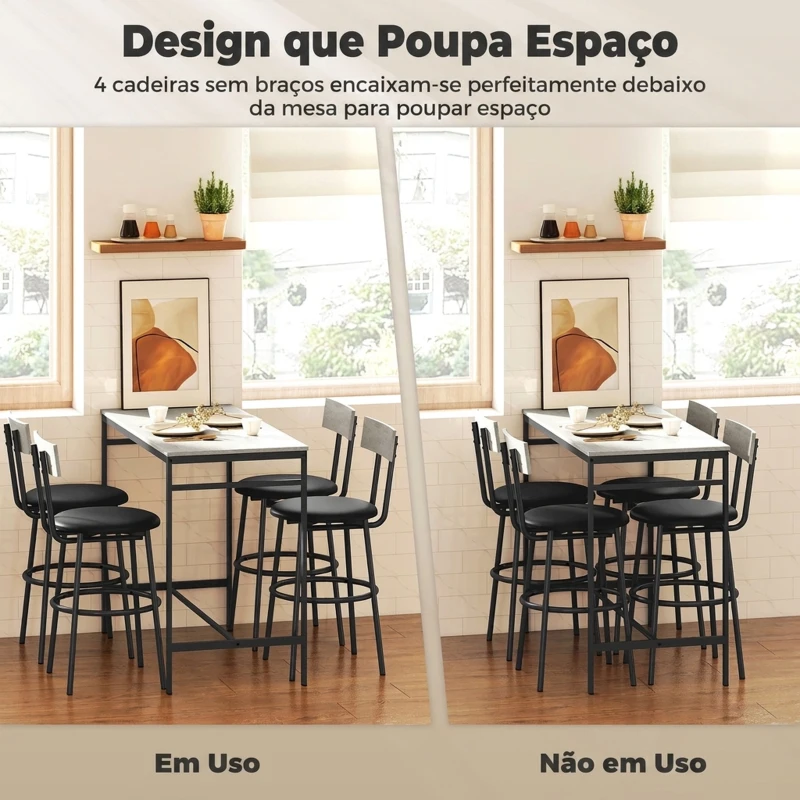 HOMCOM Conjunto de Mesa Alta de Bar com 4 Bancos, Assentos em PU, Encosto e Apoio para os Pés, Cinzento-claro