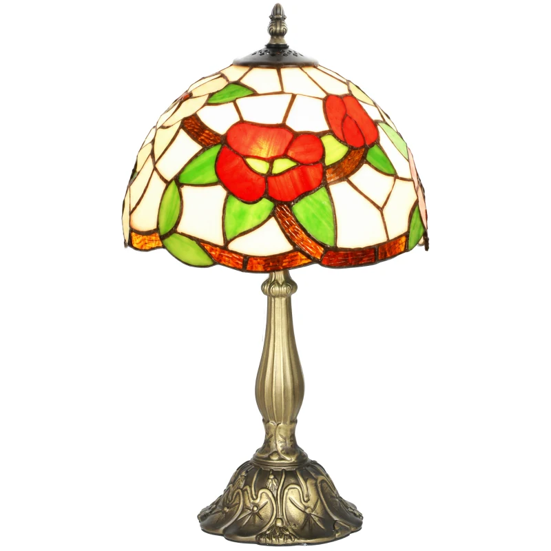 HOMCOM Tiffany Stained Glass Table Lamp, Handmade Antique Bedside Lamp for Bedroom, Living Room, Nightstand, Red Sunflower