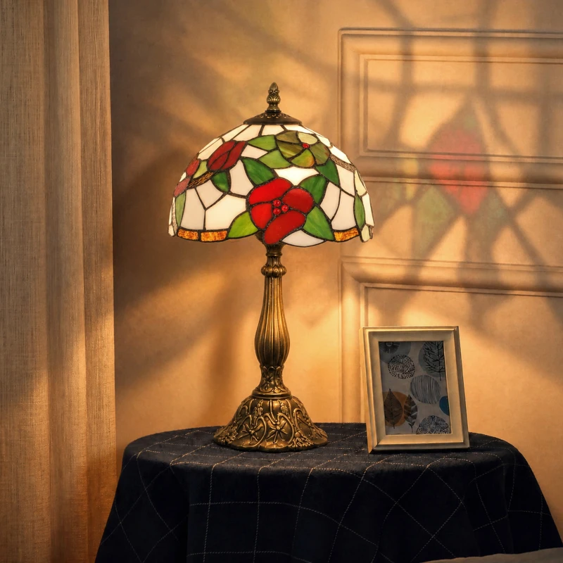 HOMCOM Tiffany Stained Glass Table Lamp, Handmade Antique Bedside Lamp for Bedroom, Living Room, Nightstand, Red Sunflower