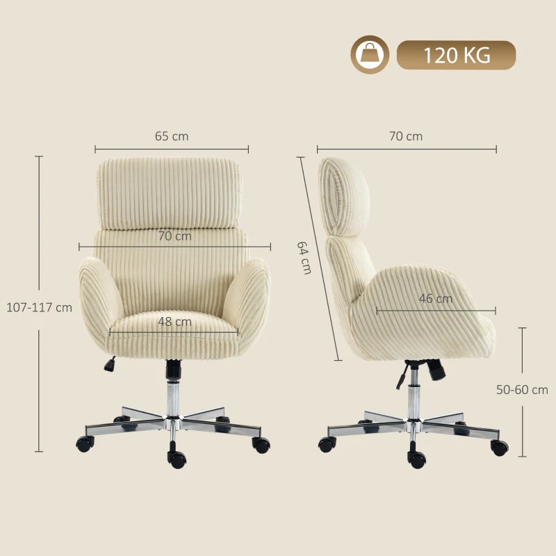 HOMCOM Silla de Oficina con Reposabrazos Respaldo Alto Reposacabezas Regulable Ruedas Altura Ajustable Giratoria Crema