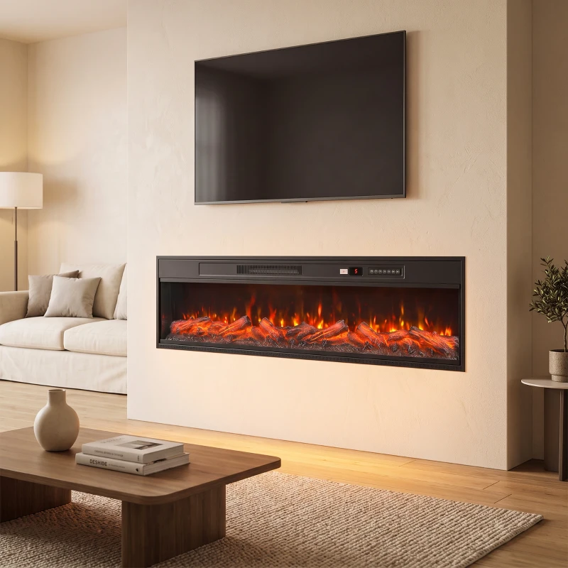 HOMCOM Șemineu electric de podea/încorporabil, pe 3 laturi, cu telecomandă, 750/1500 W, efect flacără 3D, 12 culori, 5 niveluri de luminozitate
