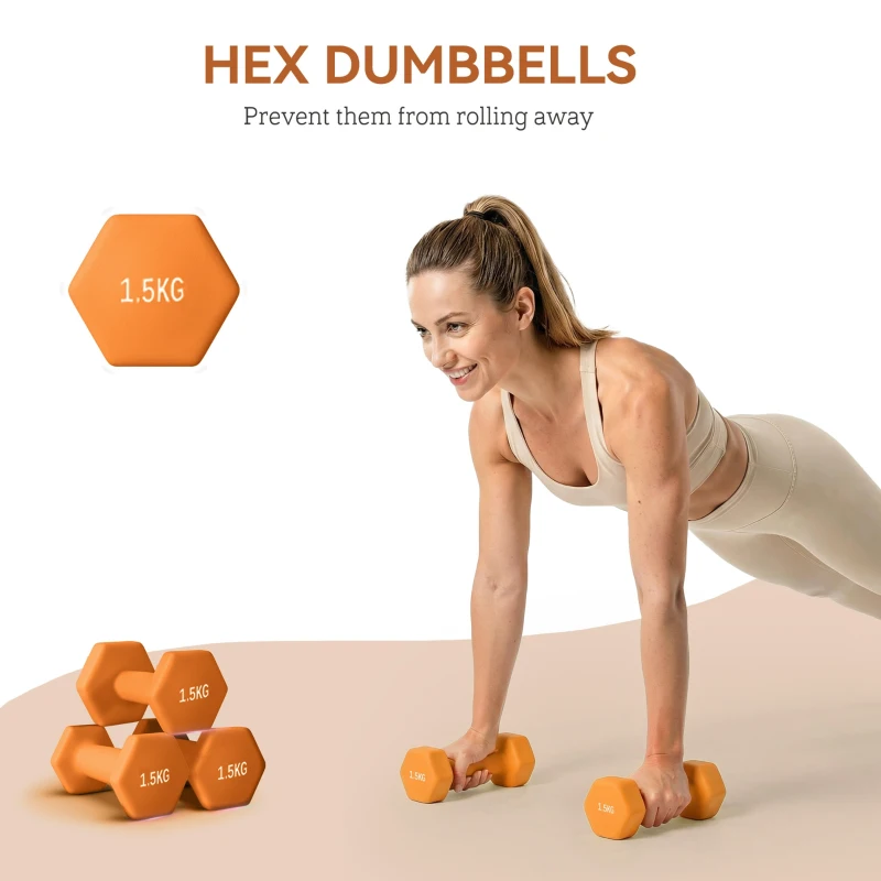 SPORTNOW 2 x 1.5kg Hexagonal Dumbbells Weights Set with Non-Slip Grip for Home Gym Workout, Orange