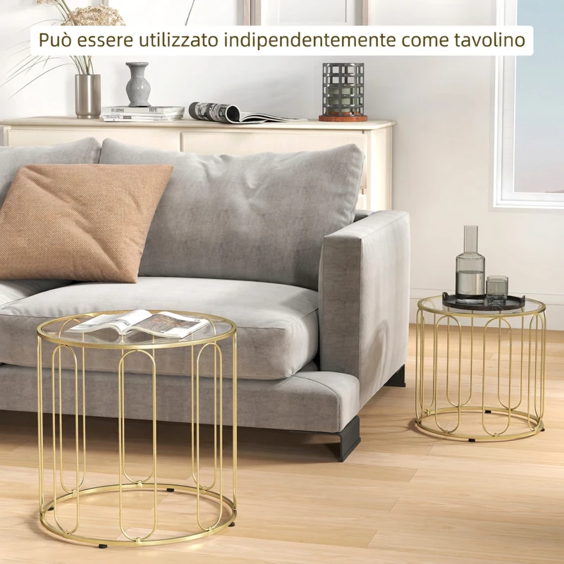 HOMCOM Set di 2 Tavolini da Caffè Rotondi Impilabili in Vetro Temperato, Struttura in Metallo, per Soggiorno Ufficio Oro