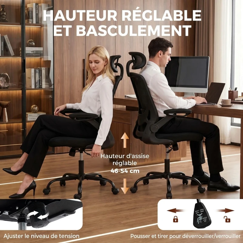 HOMCOM Chaise Bureau Ergonomique, Fauteuil de Bureau en Maille avec Soutien Lombaire et Appui-Tête Réglables, 64x65x129cm, Noir
