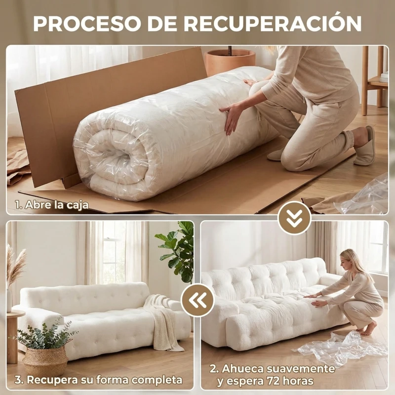 HOMCOM Sofá 3 Plazas de Chenilla sin Armazón con Asiento Profundo y Diseño Capitoné Blanco Crema